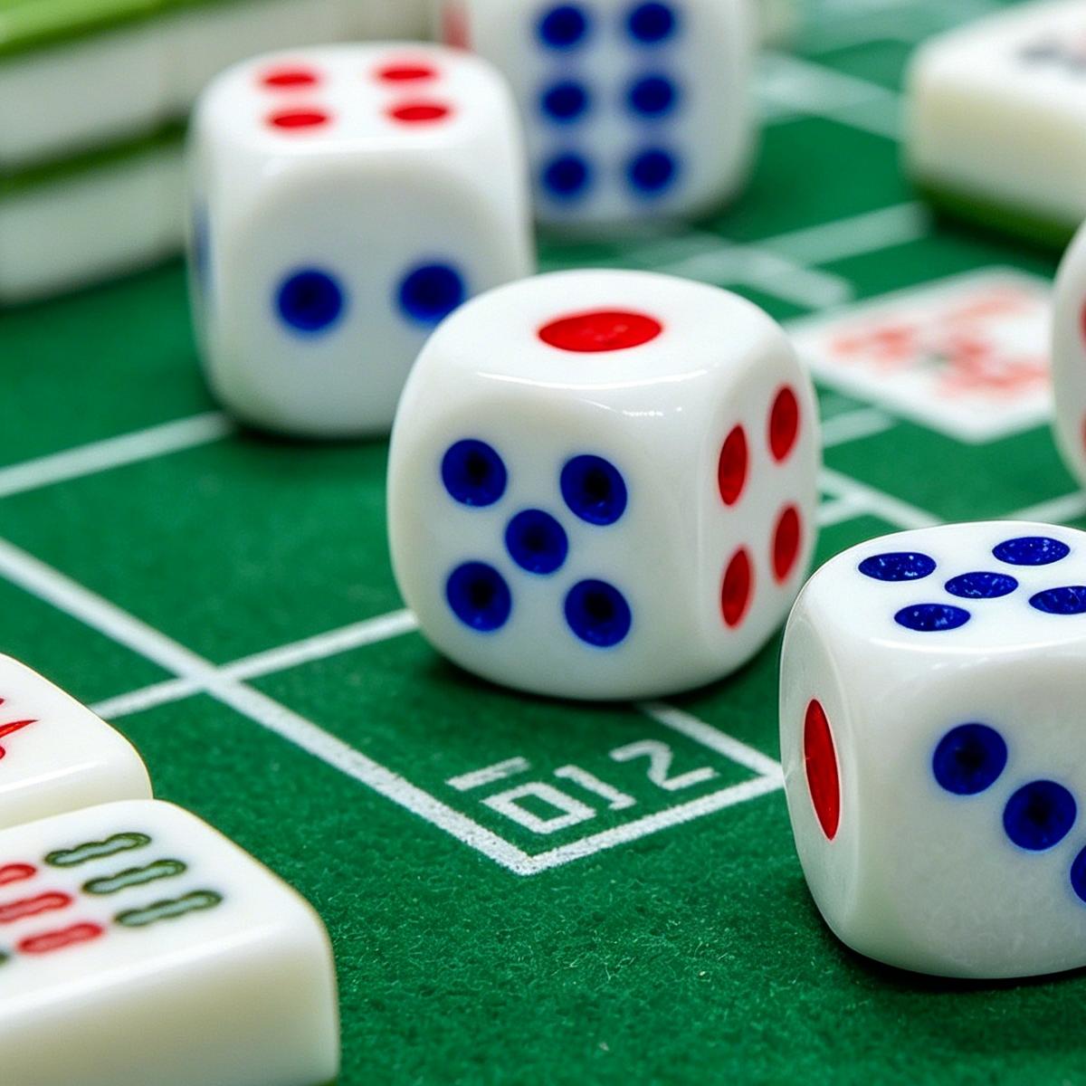 White Mahjong Dice with Red and Blue Pips for Tabletop Games
