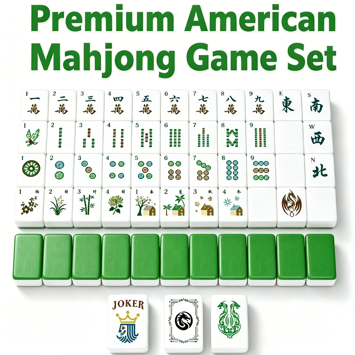 Green-Back American Mahjong Tile Set with Jokers