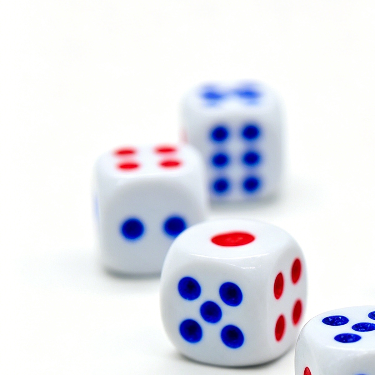 White Mahjong Dice with Red and Blue Pips for Tabletop Games
