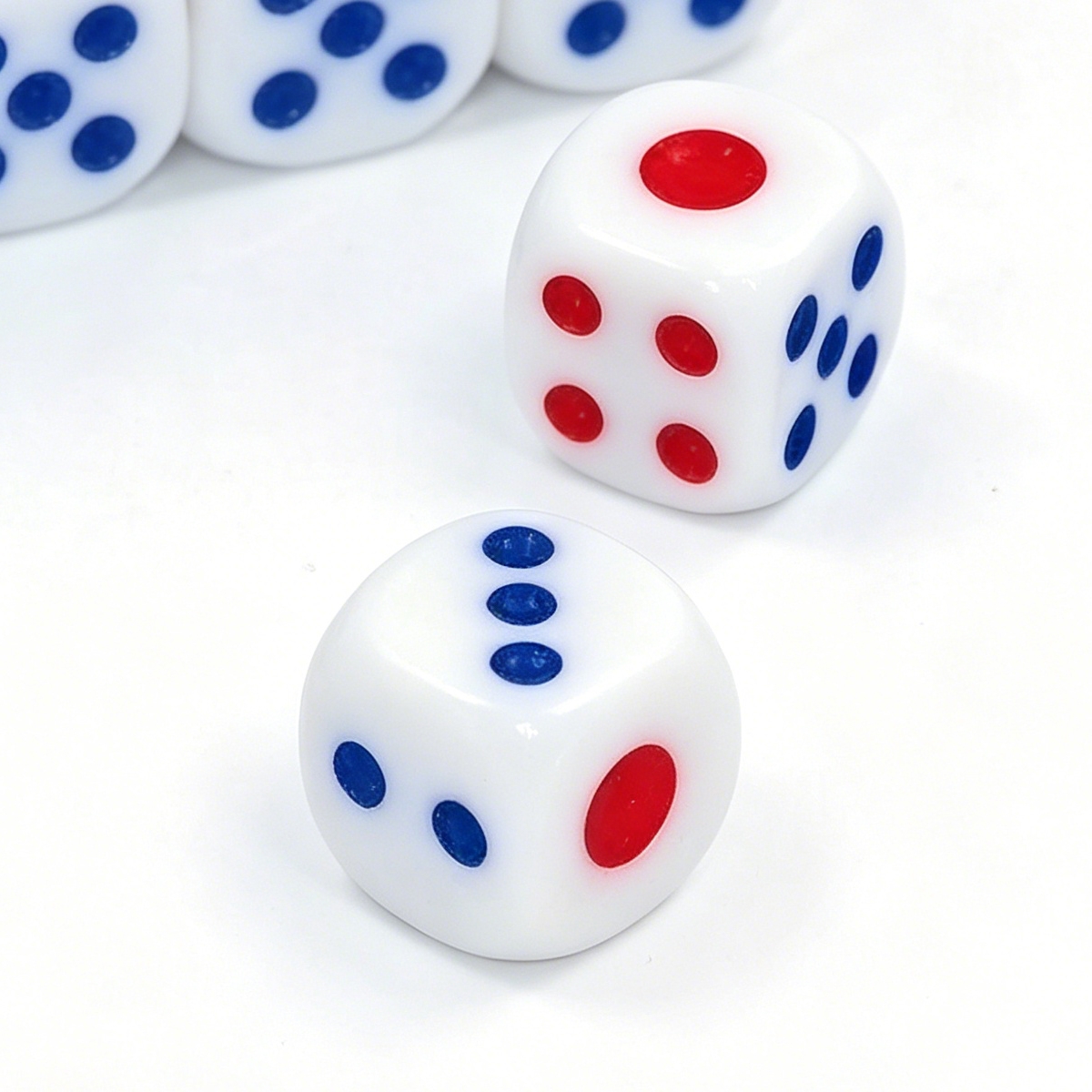 White Mahjong Dice with Red and Blue Pips for Tabletop Games
