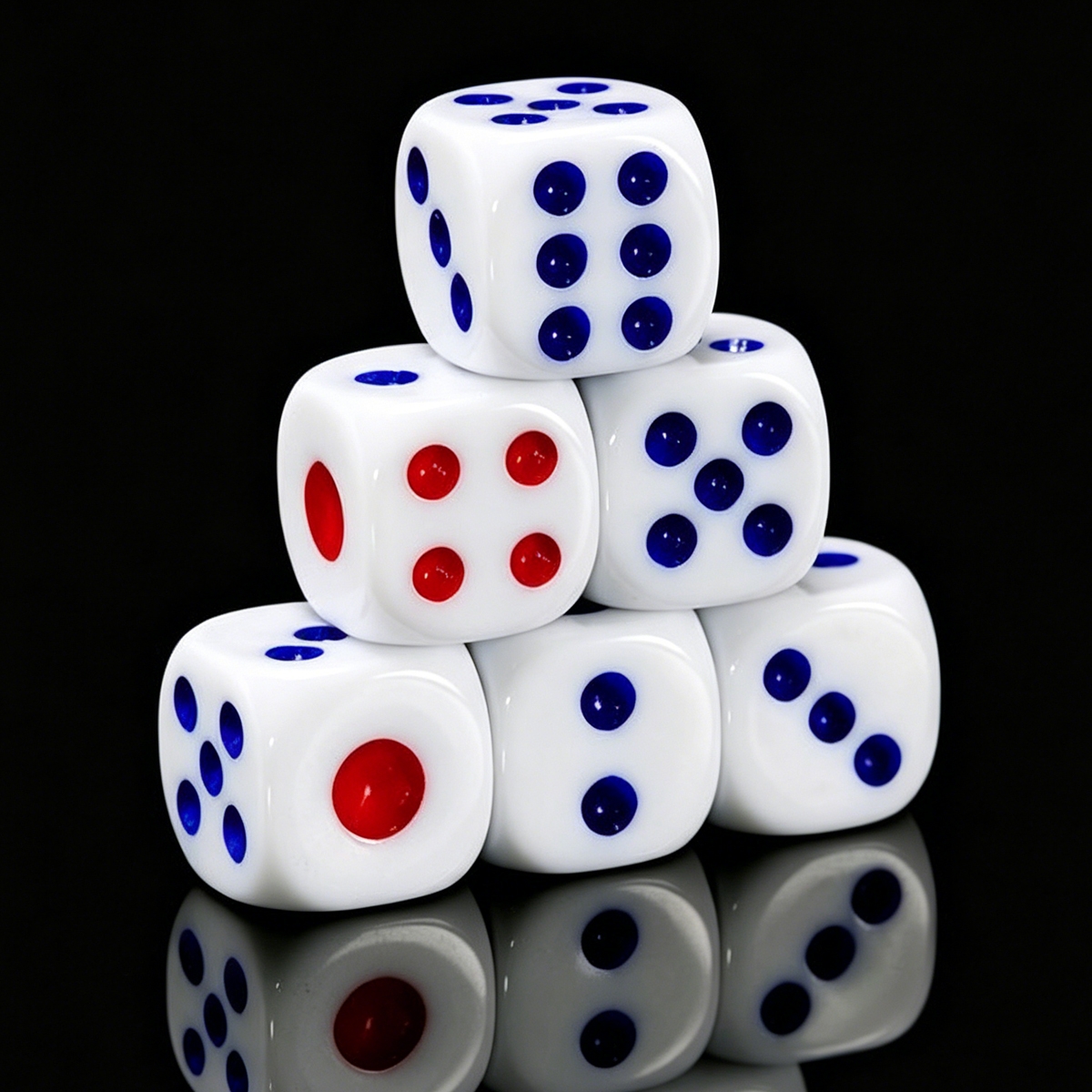 White Mahjong Dice with Red and Blue Pips for Tabletop Games