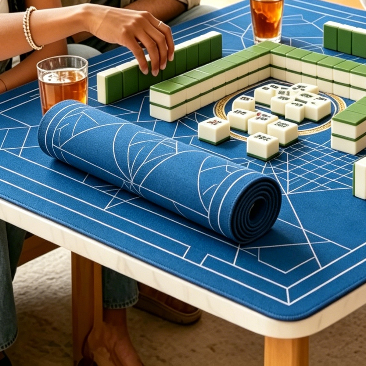 Blue Mahjong Gaming Mat with Geometric Table Design