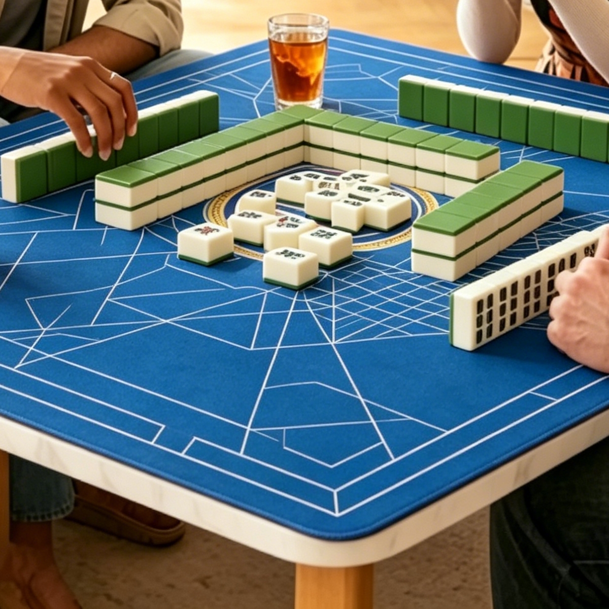 Blue Mahjong Gaming Mat with Geometric Table Design